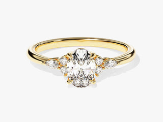 Close-up of 1.0ct oval moissanite center stone surrounded by a sparkling diamond cluster.